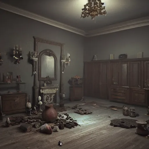 Prompt: room of a dark mansion, objects from ritual in the ground, unreal engine, octane render, pbr