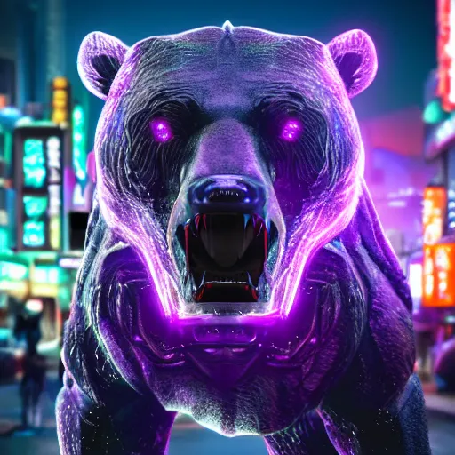 Image similar to cyborg grizzly bear with part of head replaced with metal and eye replaced with bright purple light on the streets of neo tokyo, 4k award winning render, realistic, neon, dark, gritty