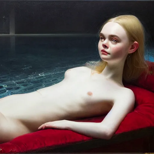 Prompt: Elle Fanning at the pool in the world of Rembrandt, head and shoulders portrait, stormy weather, extremely detailed masterpiece, oil on canvas, low-key neon lighting, artstation, Blade Runner 2049, Roger Deakin’s cinematography, by J. C. Leyendecker and Peter Paul Rubens and Edward Hopper and Michael Sowa,