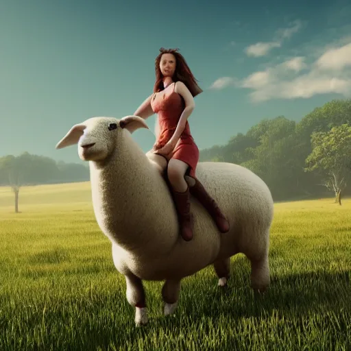 Image similar to girl riding a giant sheep in a field, trending on artstation