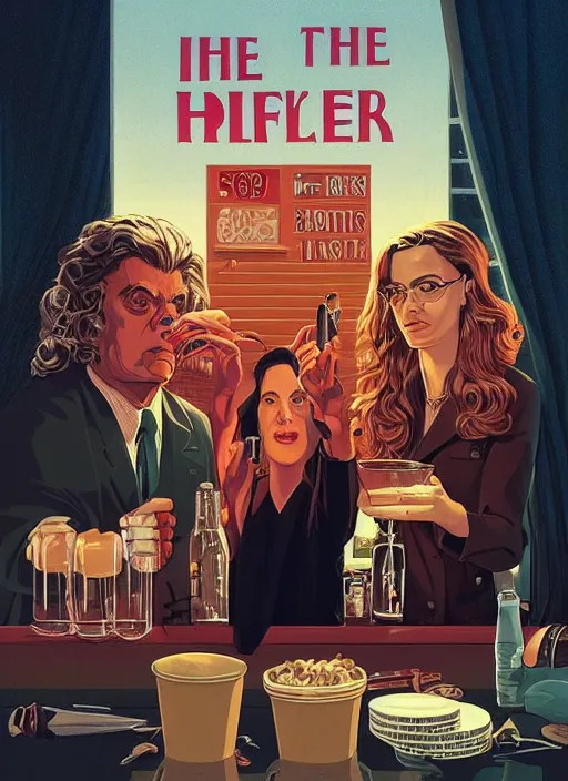 Prompt: poster artwork by Michael Whelan and Tomer Hanuka, Karol Bak of Alexandria Ocasio-Cortez bartender, from scene from Twin Peaks, clean, simple illustration, nostalgic, domestic, full of details