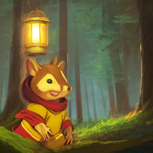 Image similar to concept art painting of an anthropomorphic anime chipmunk wearing a yellow cloak, holding a lantern, in the deep forest, realistic, detailed, cel shaded, in the style of makoto shinkai and greg rutkowski and james gurney