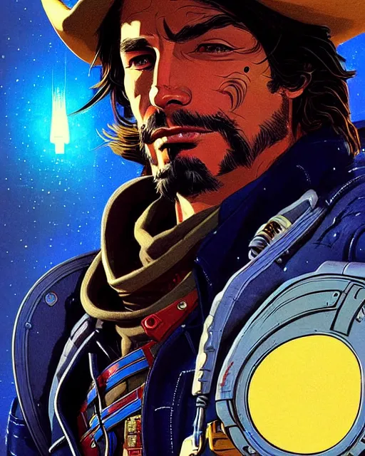 Image similar to mccree from overwatch, cyber space cowboy, outter space, character portrait, portrait, close up, concept art, intricate details, highly detailed, vintage sci - fi poster, retro future, vintage sci - fi art, in the style of chris foss, rodger dean, moebius, michael whelan, and gustave dore