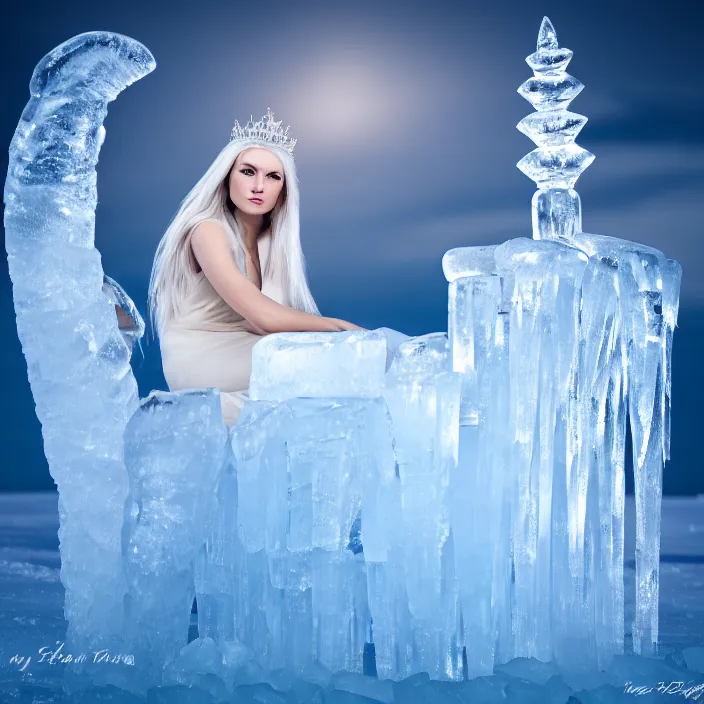 Image similar to photo of a very beautiful!! ice queen sitting on her ice throne highly detailed 8 k hdr smooth sharp focus high resolution award - winning photo