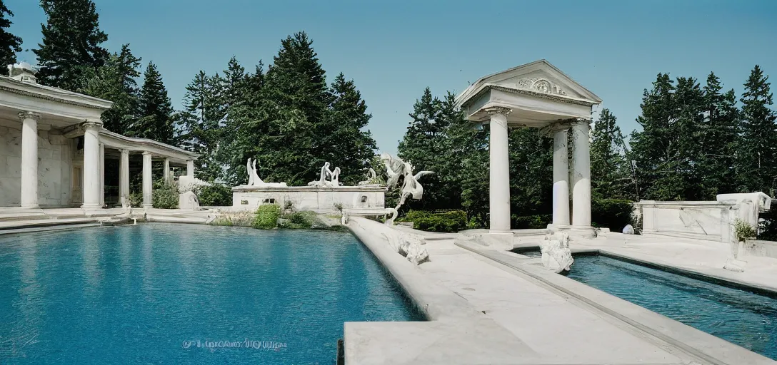 Prompt: classical architecture - inspired modern house with marble columns. statue of venus in backyard overlooking decorative neptune pool with dark blue tiles under water on pool floor. built in 1 9 5 9 on orcas island. fujinon premista 1 9 - 4 5 mm t 2. 9. portra 8 0 0.