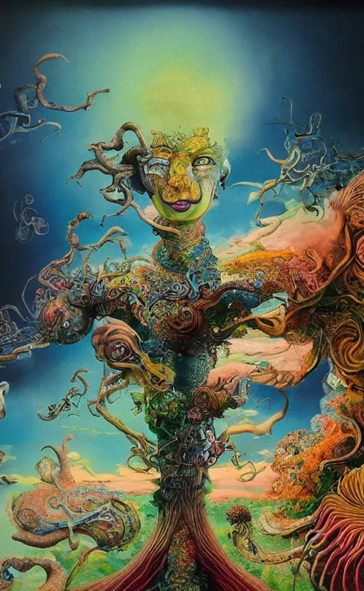 Image similar to ultrawide angle colour masterpiece surreal closeup portrait photography of hindu god creatures by miho hirano and annie leibovitz and michael cheval, weird surreal epic psychedelic complex biomorphic 3 d fractal landscape in background by kilian eng and roger dean and salvador dali and beksinski, 8 k