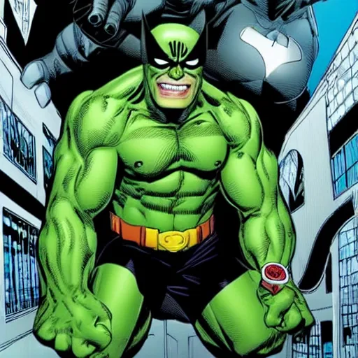 Prompt: the hulk wearing spiderman's suit and batman's mask