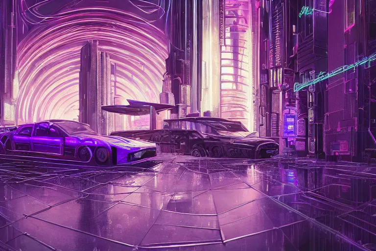 Prompt: A highly detailed rendering of a Cyberpunk room with hologram of a bitcoin messy cables, soft neon purple lighting, reflective surfaces, sci-fi concept art, by Syd Mead and H.R.Giger, highly detailed, oil on canvas