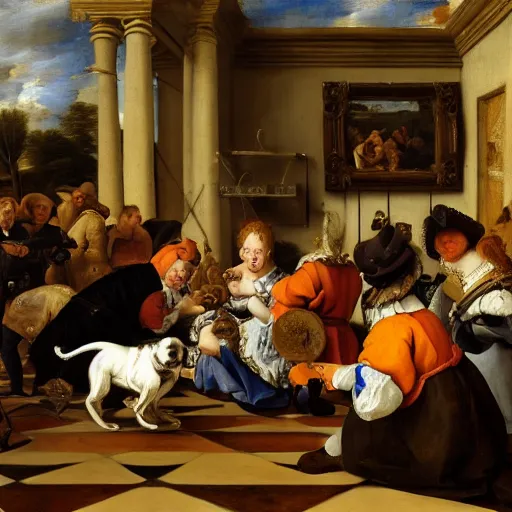 Image similar to a painting of a group of people and a dog, a flemish baroque by jan steen, trending on flickr, pre - raphaelitism, dutch golden age, flemish baroque, rococo