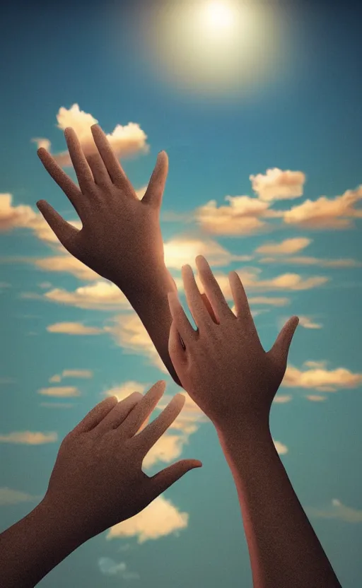 Prompt: floating pair of hands in the sky, stunning vaporwave surreal render, volumetric lighting, golden hour, highly detailed, cgsociety