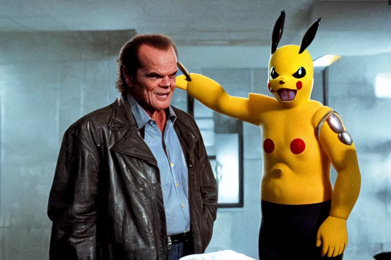 Prompt: Jack Nicholson plays Pikachu Terminator, Terminator's endoskeleton is exposed and his eye glows red, film finale