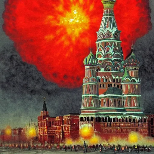 Prompt: huge nuclear explosion, red square moscow, nuclear explosion wave, photorealistic, detailed, masterpiece