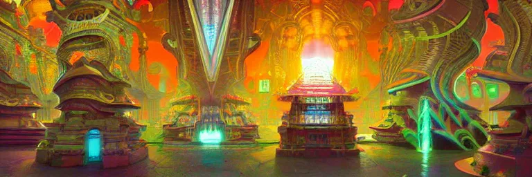 Image similar to a sprawling miniature cybernetic temple, surrounded by fractals, cybernetic faces, vaporwave aesthetic, colorful, psychedelic, digital painting, artstation, concept art, smooth, sharp focus, illustration, art by artgerm and greg rutkowski and alphonse mucha