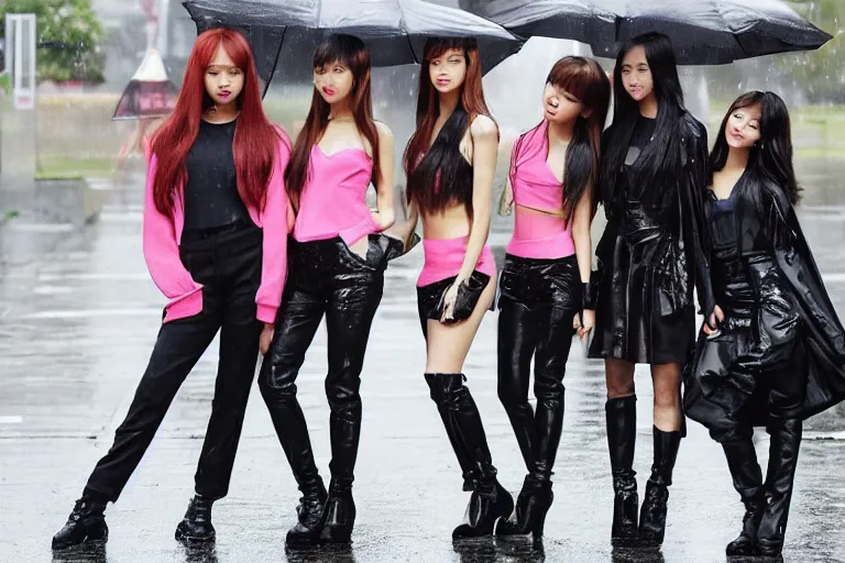 Image similar to blackpink celebrities posing in the rain