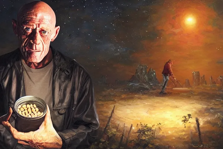 Image similar to portrait of michael berryman outside at night eating a can of beans, an oil painting by ross tran and thomas kincade