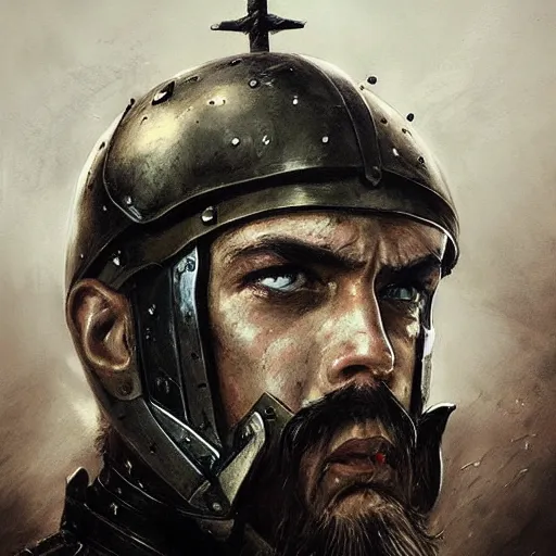 Image similar to portrait of el cid campeador, face portrait, epic, tragic, military art, fantasy, dieselpunk, hd shot, digital portrait, beautiful, artstation, comic style, by artgerm, guy denning, jakub rozalski, magali villeneuve and charlie bowater