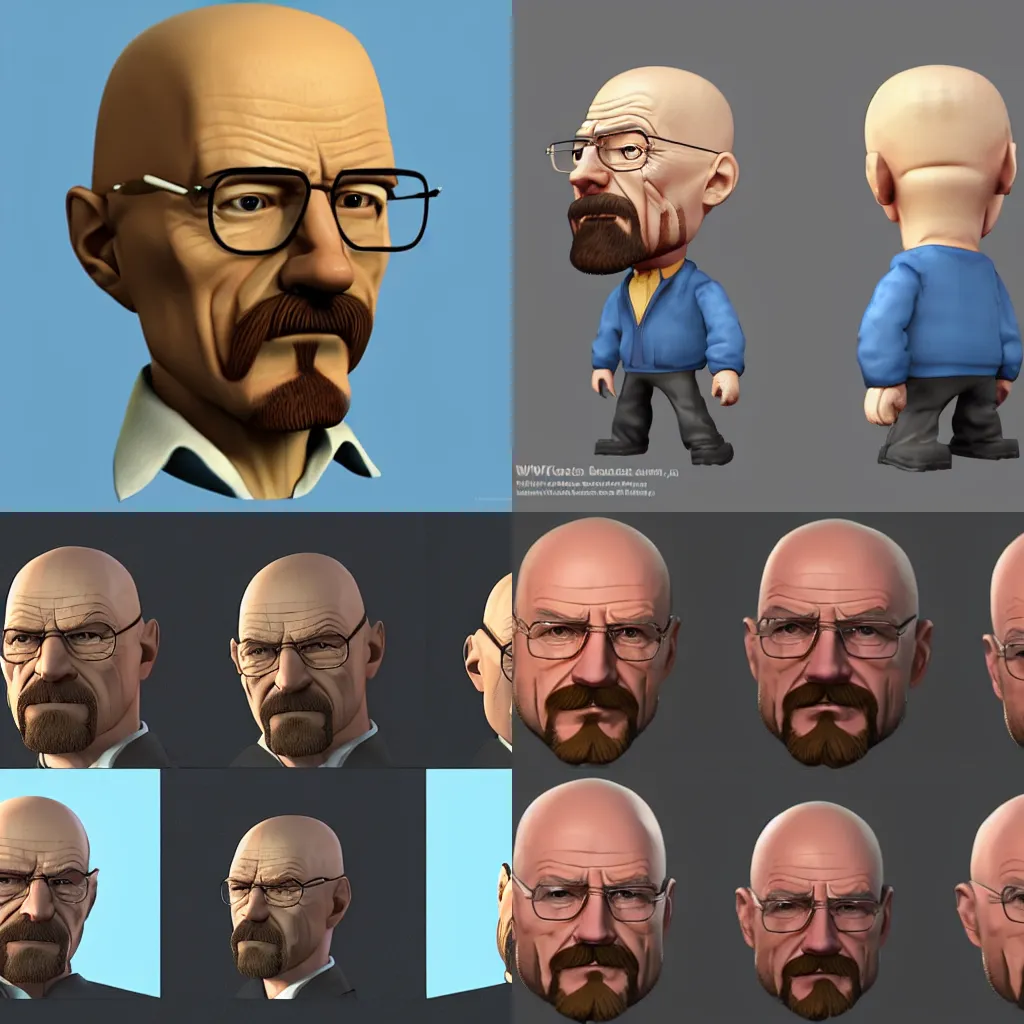 Prompt: walter white as a character in a 3D animated cartoon fighting game, stylized, artstation, 3d sculpt, zbrush, stylized sclulpt, pixar