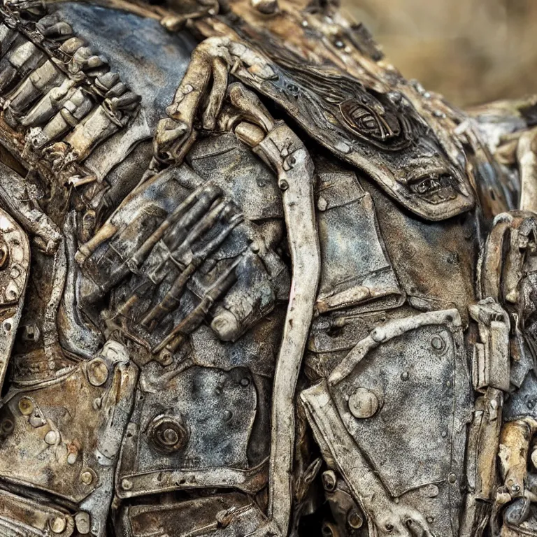 Prompt: photo taken of an epic intricate, ultra detailed, super realistic gritty, hero prop, exquisitely weathered armoured hazardsuit movie props, created by weta workshop, zoomed in shots, photorealistic, sharp focus, white wall, cold colour temperture, golden ratio