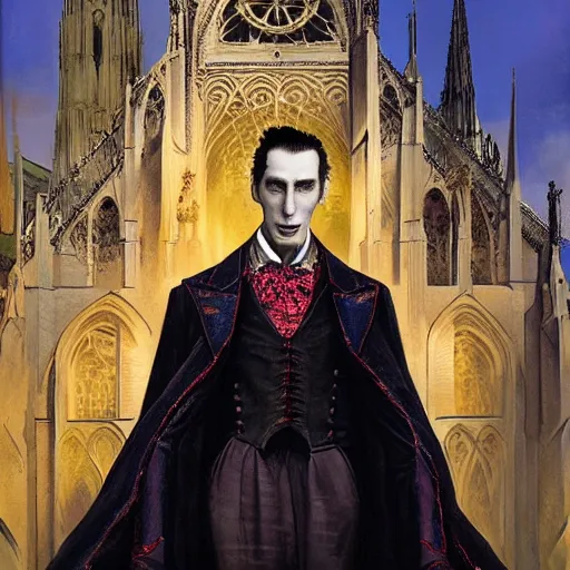 Image similar to Hyperrealistic Count Dracula playing a Gibson electric guitar in front of a gothic cathedral, by Antonio Caparo, Ferdinand Knab, Greg Rutkowski, Amano, and Karol Bak UHD, vivid colors, photorealistic trending on artstation