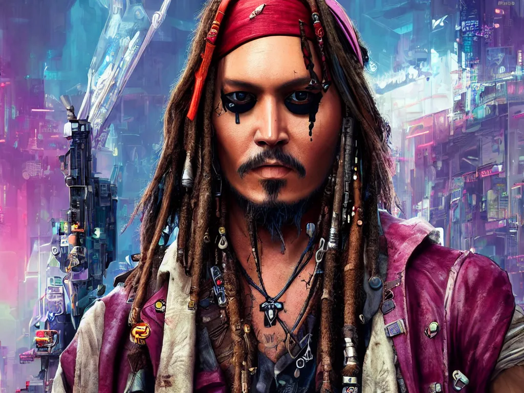 Image similar to jack sparrow in the game of cyberpunk 2 0 7 7, portrait, focus, 3 d illustration, sharp, intricate, poster