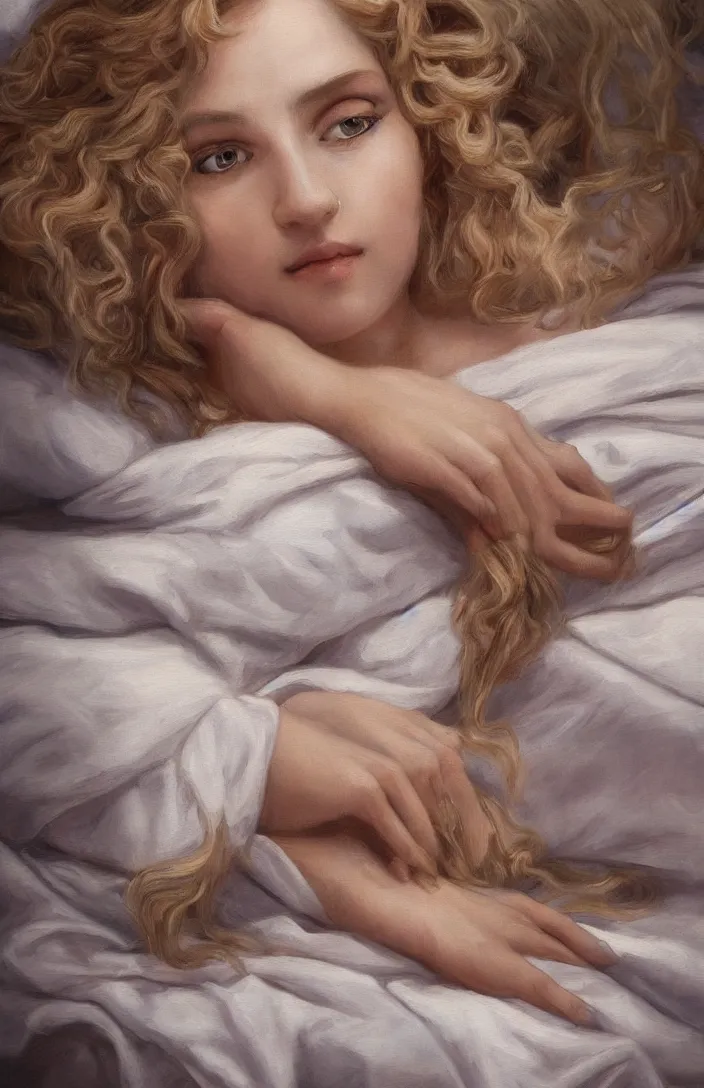 Prompt: expressive painting of a woman with long curly blonde hair lying on sheets, ofuscate light, intricate, captivating eyes, delicate, classicism style, intricate details, digital art, portrait, 8 k resolution
