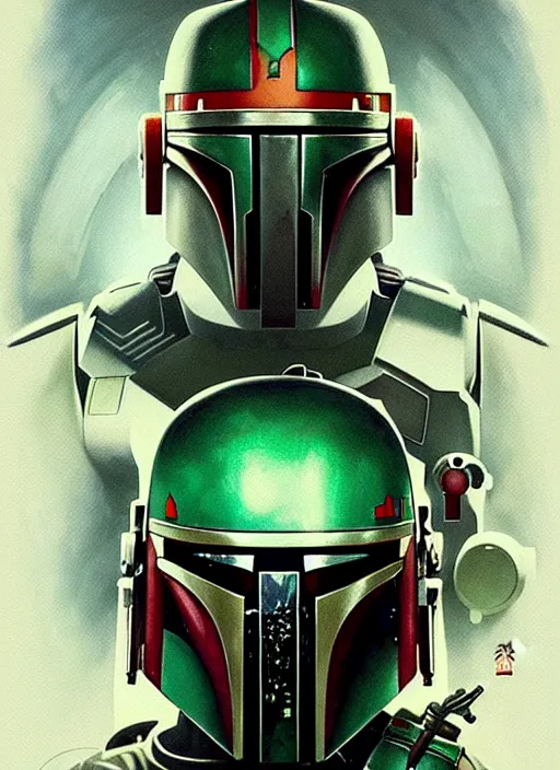 Image similar to symmetry!! portrait of boba fett, sci - fi, tech wear, intricate, elegant, highly detailed, digital painting, artstation, concept art, smooth, sharp focus, illustration, art by artgerm and greg rutkowski and alphonse mucha