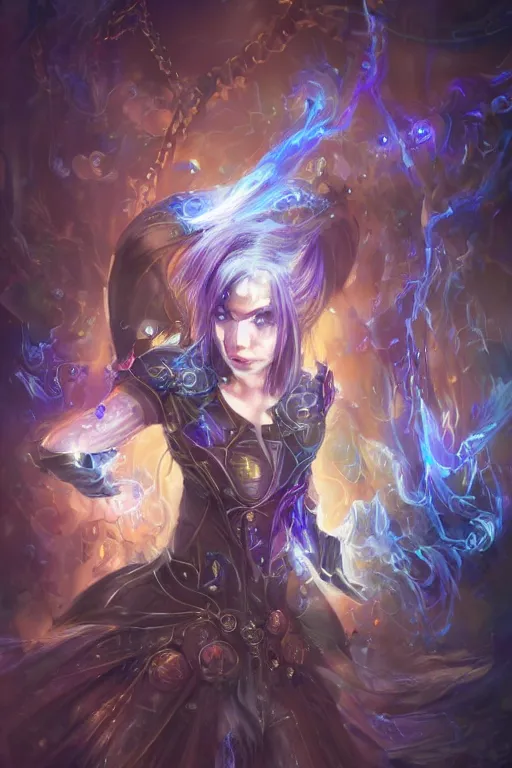 Image similar to Path of Exile, Maven, clear face, blue eyes, female image with silver purple hair among colourful lights, dark blue spheres fly around, Anachronism, painting, dark fantasy, steampunk, gothic, 4k, perfect quality,