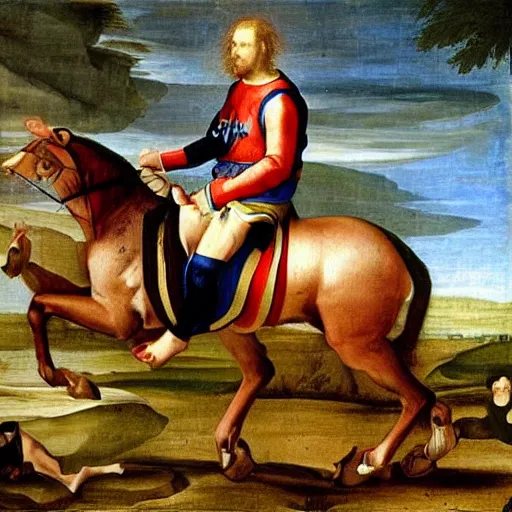 Prompt: renaissance painting of messi dressed in grenadier clothing on horseback