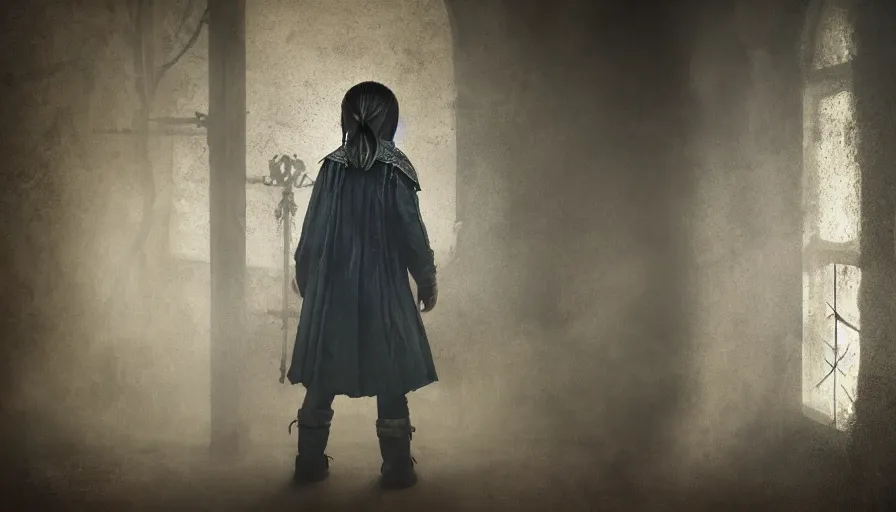 Image similar to a alone child, alone in the darkside, cold place, mother of witchers, spirits in the dark, real atmosphere, old home decor, crossbreeding, lightness, sad atmosphere, the loner, witcher, a jean