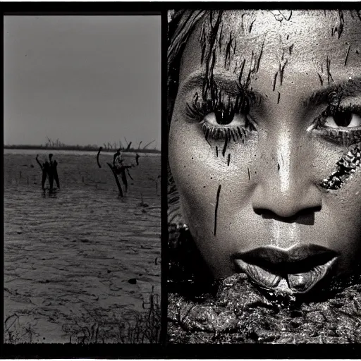 Image similar to film still, close up, beyonce rising out of muddy vietnam river, face covered in mud, low camera angle at water level, night time, film still from apocalypse now ( 1 9 7 9 ), 2 6 mm.