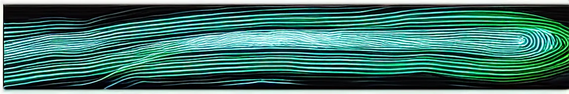 Image similar to abstract art representing signal waves trending toward the top - right and forming an inspired face, glowing blue and green neon streaks interwinding on a deep black background