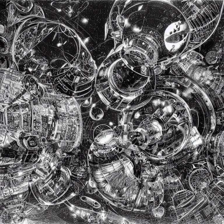 Prompt: a black and white drawing of a chrome intrernational space station filled with equipment, a microscopic photo by ernst haeckel, zbrush central, kinetic pointillism, intricate patterns, photoillustration