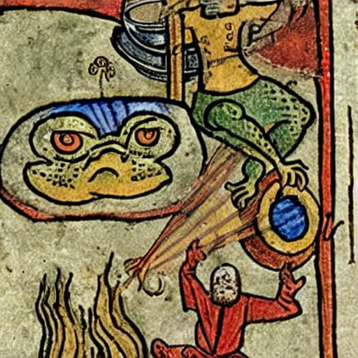 Prompt: medieval illustration of a frog practicing alchemy, illuminated manuscript