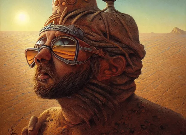 Image similar to a forgotten garden gnome surviving in a vast barren desert, hopeless wasteland background with a relentless raging sun overhead, hot, oppressive, an ultrafine detailed painting by by karol bak and filip hodas, trending on deviantart, pop surrealism, whimsical, lowbrow, perfect symmetrical face