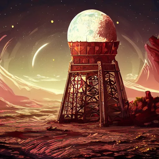 Image similar to ancient tower in the moon, retrowave epic art, trending on art station