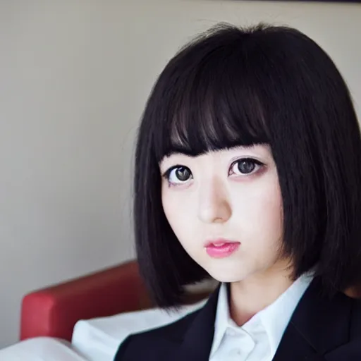 Image similar to a pretty young girl of 2 5, japanese, with big eyes, short shoulder - length hair and a suit ， by tiv