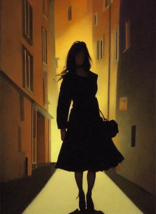 Prompt: a portrait of a cute girl, standing in an empty dark street, highly detailed, dramatic lighting, intense shadows, rich deep colours, by jack vettriano