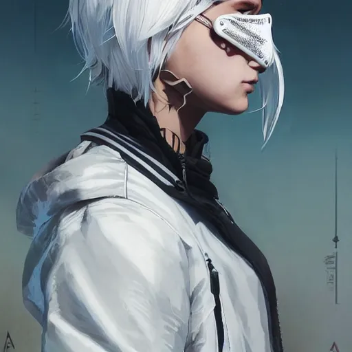 Image similar to very cool girl white hair girl with mask, streetwear, techwear, cyberpunk style outfit, full body, nose piercing, detailed portrait, intricate complexity, by greg rutkowski, cushart krentz, artgerm, ross tran, conrad roset, takato yomamoto, ilya kuvshinov. 4 k, beautiful, cinematic dramatic atmosphere, portrait lighting