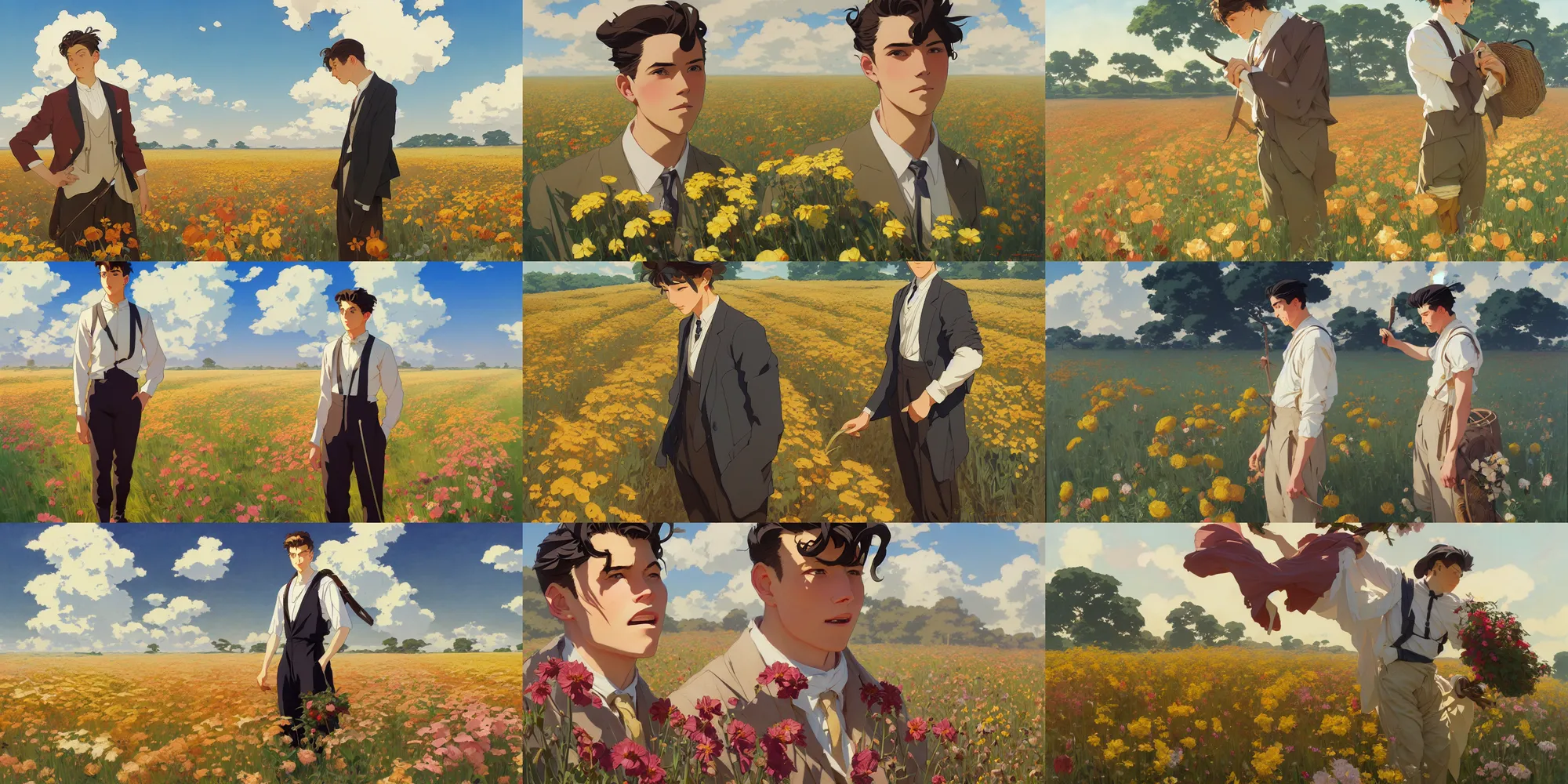 Prompt: flower field, attractive male, in the style of studio ghibli, j. c. leyendecker, greg rutkowski, artem