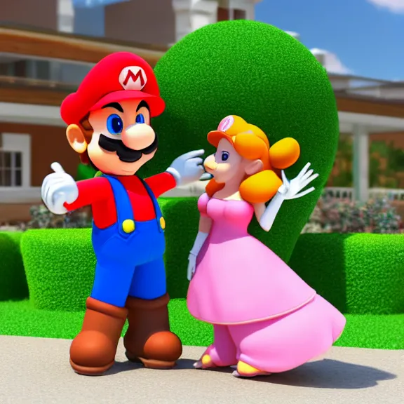 Image similar to mario and princess peach finally settle down and buy a home, 3 d render