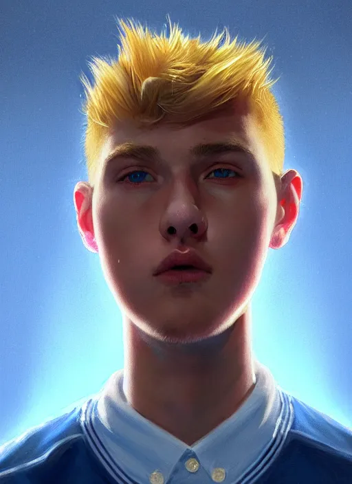 Image similar to portrait of high school senior boy named big moose, blonde short hair, jock, beefy, wide face, square jaw, square facial structure, blue varsity jacket with his name, intricate, elegant, glowing lights, highly detailed, digital painting, artstation, concept art, sharp focus, illustration, art by wlop, mars ravelo and greg rutkowski