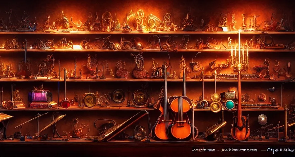 Image similar to a shelf of amazing magical musical instruments, cinematic lighting, detailed, beautiful colors, ornate, by greg rutowski and artgerm 4 k