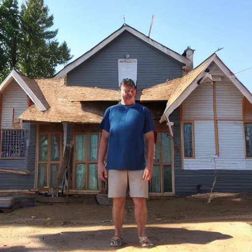 Prompt: a man standing proudly in front of a really badly built house