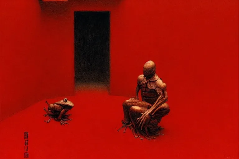 Image similar to only with red, a red samurai do seppuku, tokio, a lot of frogs watch, in the style of beksinski, parts by edward hopper, parts by rodcenko, parts by yue minjun, intricate and epic composition, red by caravaggio, insanely quality, highly detailed, masterpiece, red light, artstation, 4 k