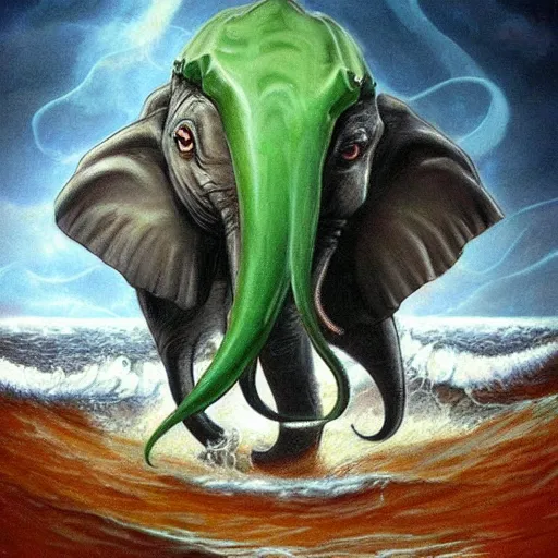 Prompt: angry elephant cthulu with eyes and tentacles at sea storm hyperrealistic