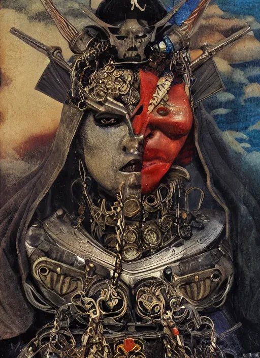 Image similar to symmetry! middle closeup chamber portrait of a biblical diabolical pirate geisha, stylish leather armor, pirate ship, heavy eyes to the side, closeup, bright glowing eyes, in clouds, rain, sunset, by gerald brom, by mikhail vrubel, by peter elson, muted colors, extreme detail, mirrors, trending on artstation, 8 k