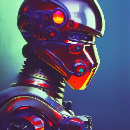 Image similar to a dark and colorful close - up side profile portrait of a sci - fi mecha robot with led lights glowing fog in the background. highly detailed science fiction painting by norman rockwell, frank frazetta, and syd mead. rich colors, high contrast, gloomy atmosphere, dark background. trending on artstation