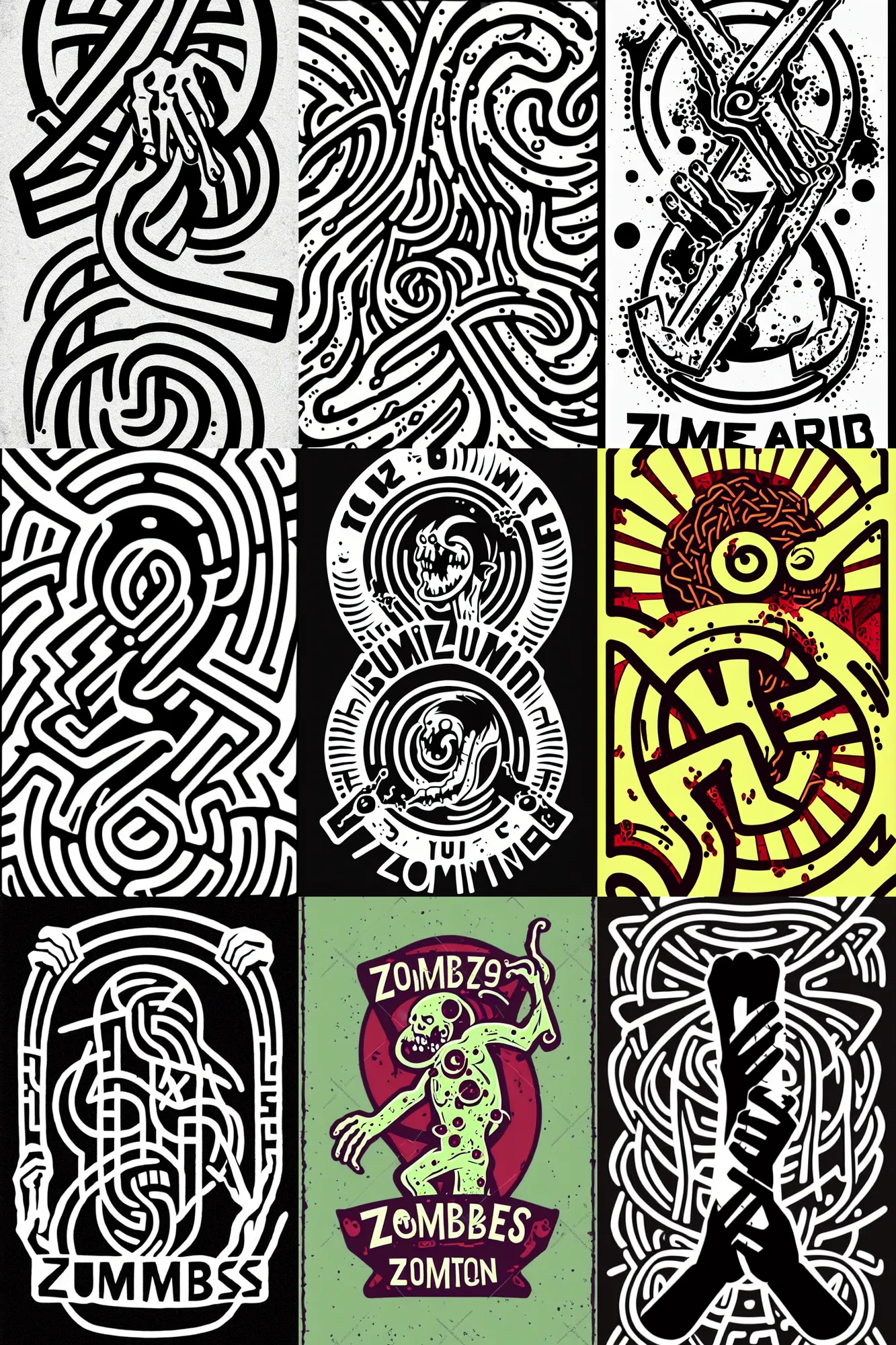 Prompt: logo design, zombie arms out in front, patch logo, by mcbess, full colour print, gradients, 1 9 5 0 s, high detail spiral design, maze pattern
