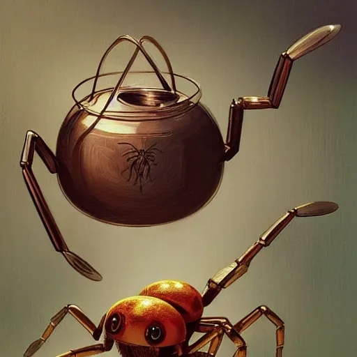 Prompt: incy whincy spider sat on the chrome teapot, highly detailed, digital painting, artstation, concept art, smooth, sharp focus, illustration, art by artgerm and greg rutkowski and alphonse mucha