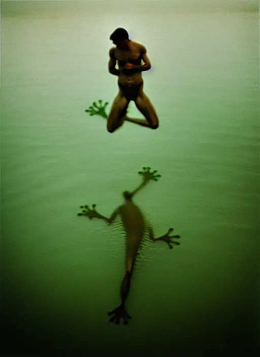 Prompt: “semitransparent frog vertically hovering over misty lake waters in jesus christ pose, semi translucent body, low angle, long cinematic shot by Andrei Tarkovsky, paranormal, eerie, mystical”